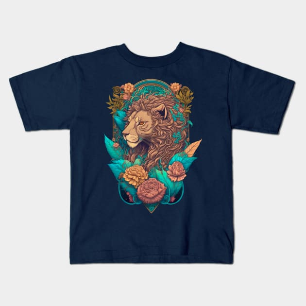 Lion and Flowers Kids T-Shirt by Takhir_Art